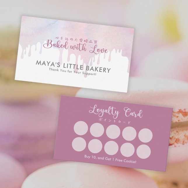 Tarjeta De Visita Pastel Pink Dripping Bakery Loyalty Rewards (Subido por el creador)