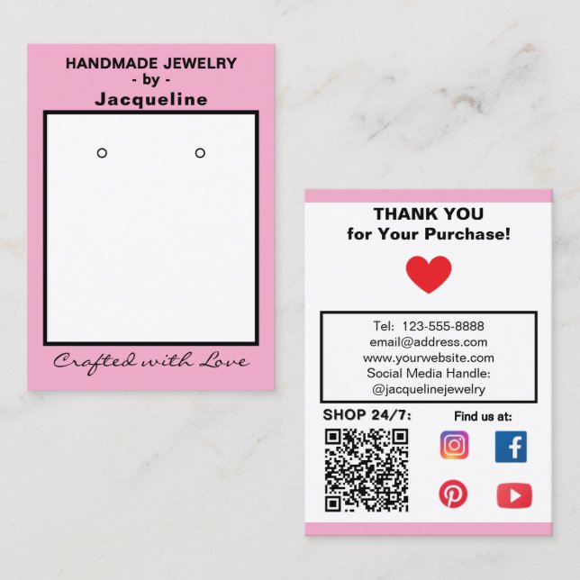 Tarjeta De Visita Pastel Pink Jewelry Earrings Social QR Code (Anverso / Reverso)