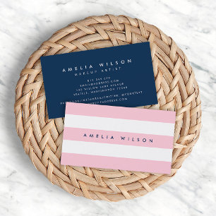 Tarjeta De Visita Pastel Preppy Tiras Rosadas y Blancas Azul
