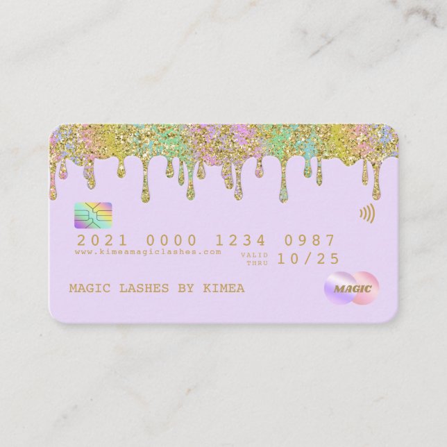 Tarjeta De Visita Pastel Rainbow Purpurina Luxury Credit Style Busin (Anverso)