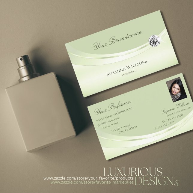 Tarjeta De Visita Pastel Sage Green de lujo con foto y diamante (Subido por el creador)