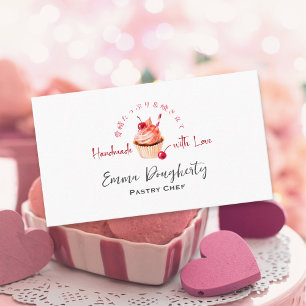 Tarjeta De Visita Pastelería Chef Cherry Red Cupakes Watercolor Eleg