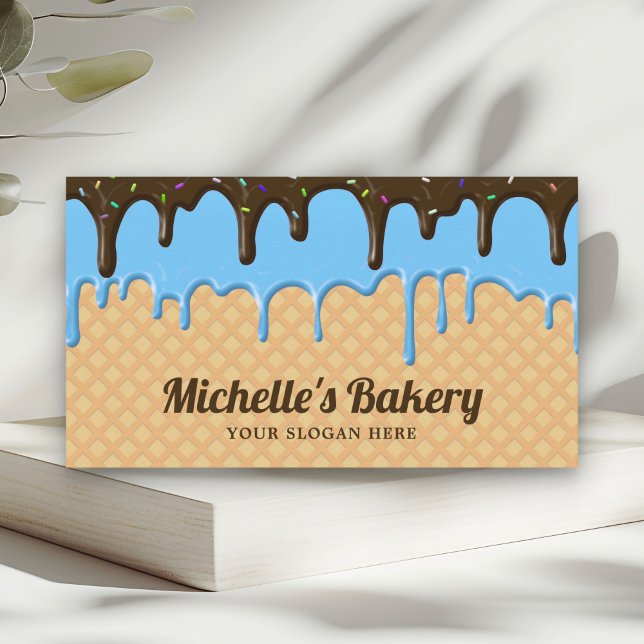 Tarjeta De Visita Pastelería Chef de Drip de Glaseado Azul de Waffle (Subido por el creador)