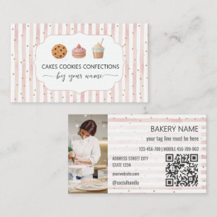 Tarjeta De Visita Pastelería Chef de Panadería de rayas rosadas y bl