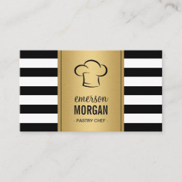 Tarjeta De Visita Pastelería Chef Elegante Gold Black White Stripe