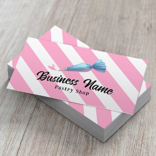 Tarjeta De Visita Pastelería Chef Piping Bag & Heart Pink Stripes Ba