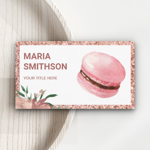 Tarjeta De Visita Pastelería de Chef Macarón Floral Rosa Dorado