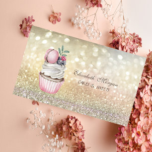 Tarjeta De Visita Pastelería de Cupcakes Macarons con Bokeh Elegante