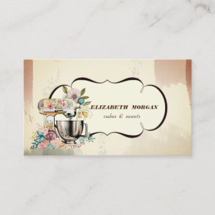 Tarjeta De Visita Pastelería mezcladora floral acuarela retro