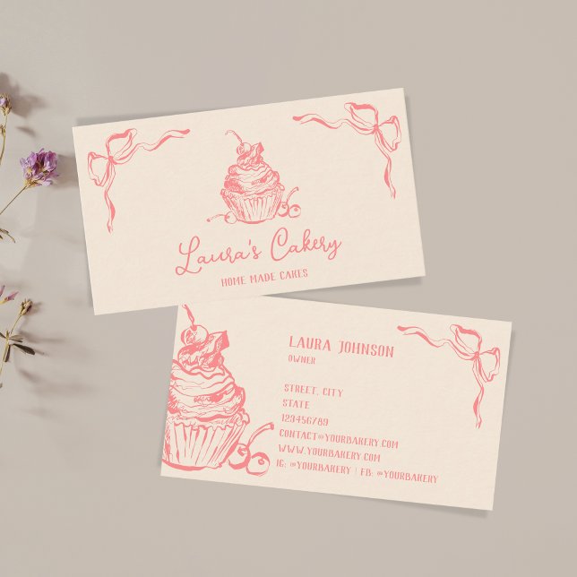 Tarjeta De Visita Pastelería pastelera Hand Drawn (hand drawn cupcake pastel pink color, cherry on top)