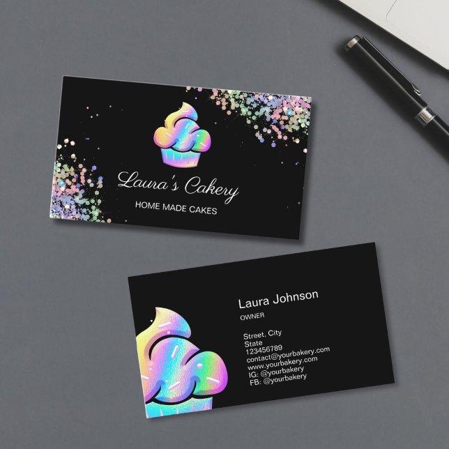 Tarjeta De Visita Pastelería Pastelería Chef Holographic Business Ca (holographic cupcake with glitter on the black background bakery logo)