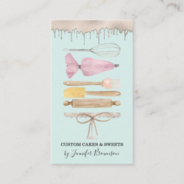 Tarjeta De Visita Pastelería pastelería Chef Verde azulado Watercolo (Anverso)
