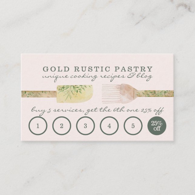 Tarjeta De Visita Pastelería Rústica rosa salvia panadería chef leal (Anverso)