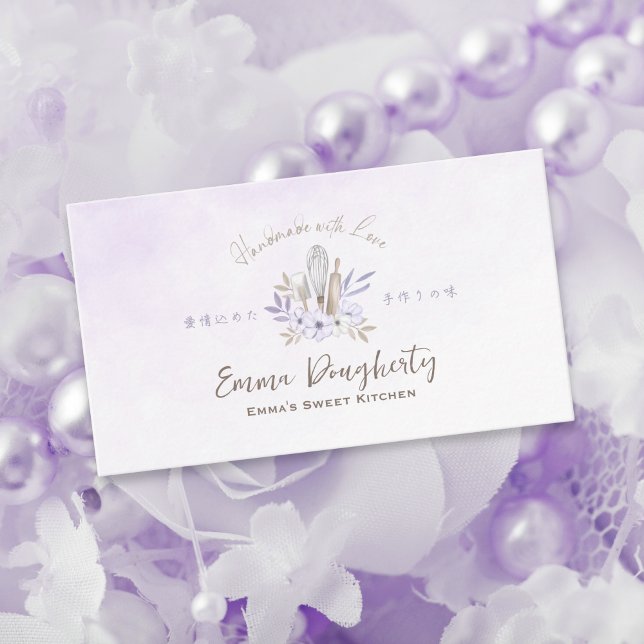 Tarjeta De Visita Pastelero Baking Utensil Purple Floral Elegante (Subido por el creador)