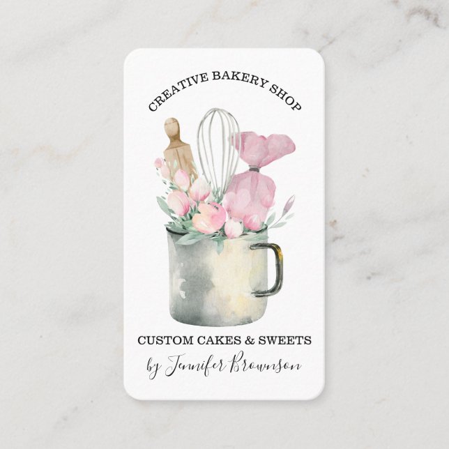 Tarjeta De Visita Pastelero de Panadería Chef Flores Rosas Boho chic (Anverso)