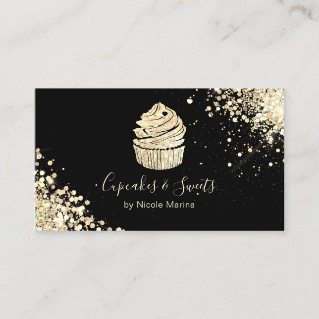 Tarjeta De Visita Pastelero de Panadería de Cupcakes Negros y Dorado (Anverso)