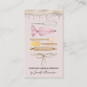 Tarjeta De Visita Pastelero de Panadería Torta de Acuarela Rosa Gote