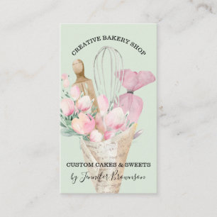 Tarjeta De Visita Pastelero de Panadería Verde Flores Rosadas Boho