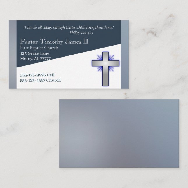 Tarjeta De Visita Pastor azul y blanco o cruz de diácono (Anverso / Reverso)