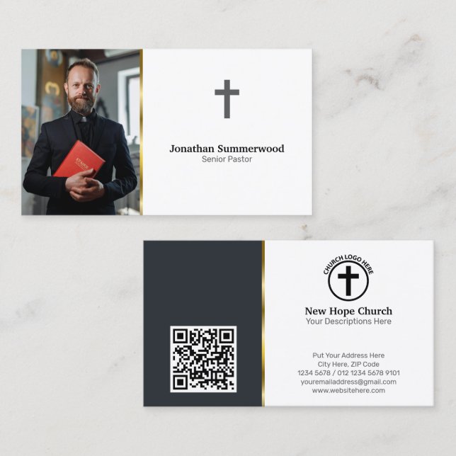 Tarjeta De Visita Pastor cristiano moderno con foto y código QR (Anverso / Reverso)