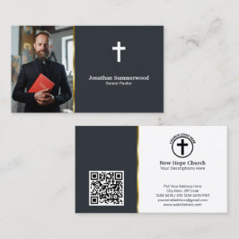 Tarjeta De Visita Pastor cristiano moderno con foto y código QR