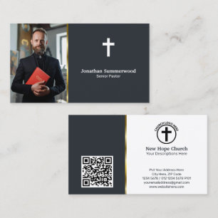 Tarjeta De Visita Pastor cristiano moderno con foto y código QR