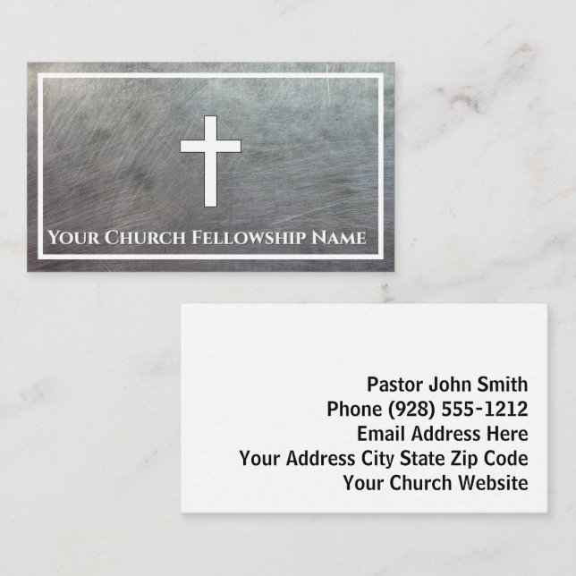 Tarjeta De Visita Pastor de Iglesia de Contorno de Cruz Metálica Gri (Anverso / Reverso)
