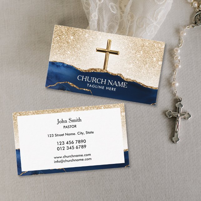 Tarjeta De Visita Pastor de Iglesia del Ministerio Deacon Bishop Cru (gold cross with blue agate mountains and glitter gold sky church business cards for deacon, bishop, )
