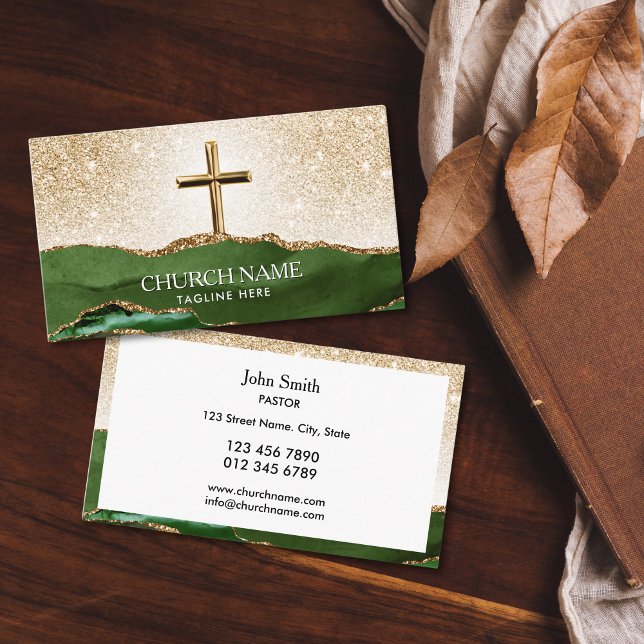 Tarjeta De Visita Pastor de Iglesia del Ministerio Deacon Bishop Cru (gold cross with green agate mountains and glitter gold sky church business cards for deacon, bishop)