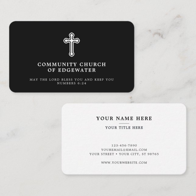 Tarjeta De Visita Pastor de Iglesia Tradicional Cruz Religiosa Negro (Anverso / Reverso)