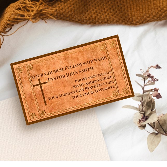 Tarjeta De Visita Pastor de la Iglesia con cuero estampado Elegante  (Church Pastor Business Cards Rustic Leather like design)