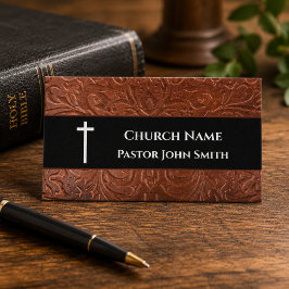 Tarjeta De Visita Pastor de la Iglesia Cuero Rústico Negro Cristiano