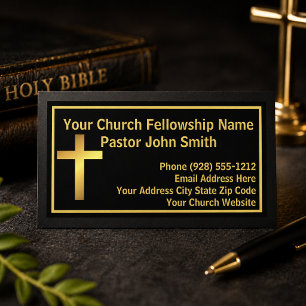 Tarjeta De Visita Pastor de la Iglesia Elegante Simple Negro Dorado 