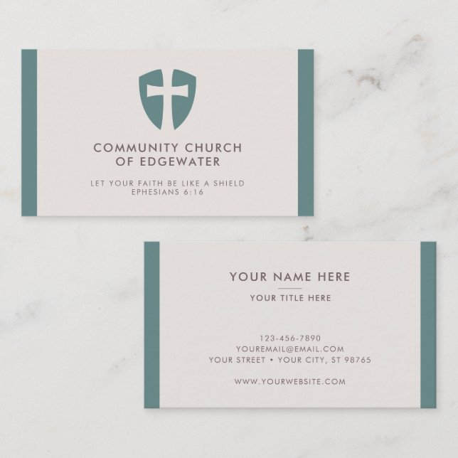 Tarjeta De Visita Pastor de la Iglesia Moderno Escudo Mínimo Verde (Anverso / Reverso)