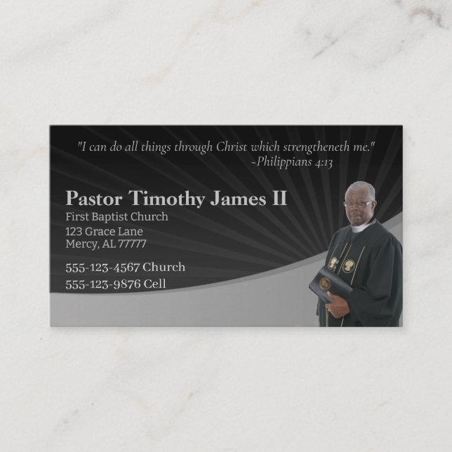 Tarjeta De Visita Pastor negro y gris o foto de diácono (Anverso)