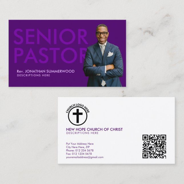 Tarjeta De Visita Pastor senior moderno con foto morado (Anverso / Reverso)