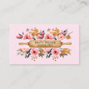 Tarjeta De Visita Pastry Chef Baker Rolling Pin Floral Pink