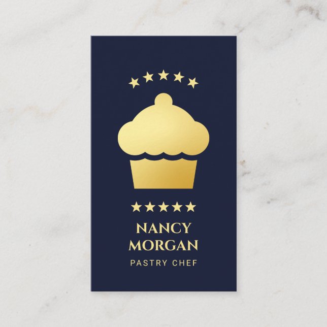 Tarjeta De Visita Pastry Chef Bakery Cupcake Navy and Gold (Anverso)