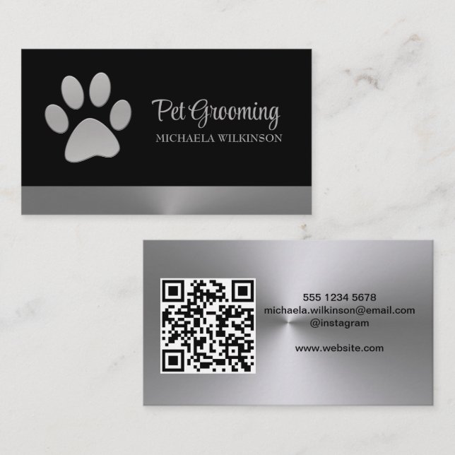 Tarjeta De Visita Pata de perro plateada en Servicio de aseo de masc (Anverso / Reverso)