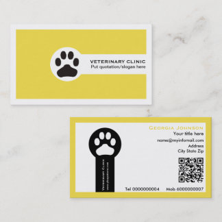 Tarjeta De Visita Pata y código QR amarillo Clínica Veterinaria/Vet
