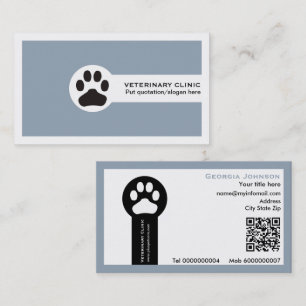 Tarjeta De Visita Pata y código QR azul polvoriento Clínica veterina