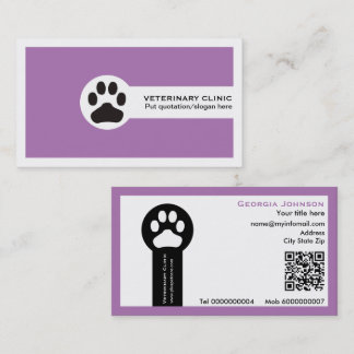 Tarjeta De Visita Pata y código QR púrpura Clínica Veterinaria/Vet