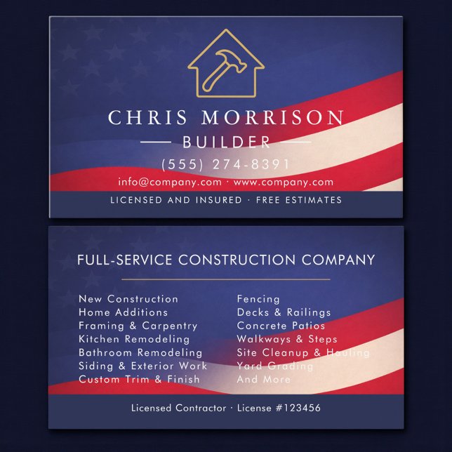 Tarjeta De Visita Patriotic Builder Modern Construction  (Subido por el creador)