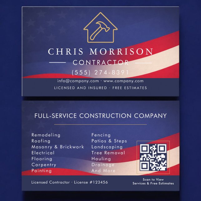 Tarjeta De Visita Patriotic Contractor Construction QR Code (Subido por el creador)