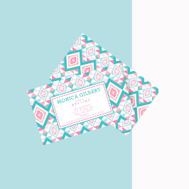 Tarjeta De Visita Patrón azteca geométrica de color turquesa y rosa