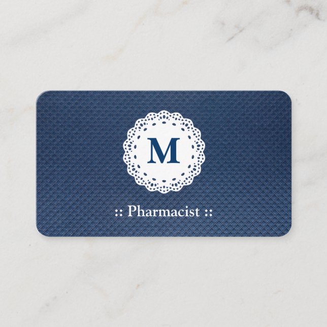 Tarjeta De Visita Patrón azul de monograma de encaje farmacológico (Anverso)