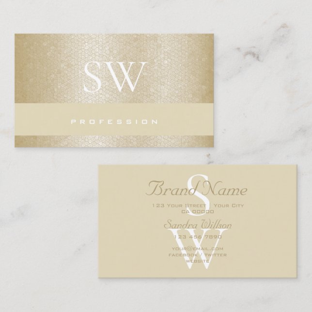 Tarjeta De Visita Patrón beige de Pearl Pastel con iniciales (Anverso / Reverso)