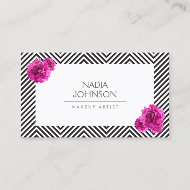 Tarjeta De Visita Patrón blanco y negro con belleza de flores rosas (Anverso)