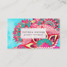 Tarjeta De Visita Patrón bohemio azul rojo floral paisajista