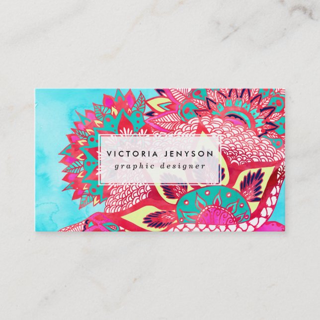 Tarjeta De Visita Patrón bohemio azul rojo floral paisajista (Anverso)